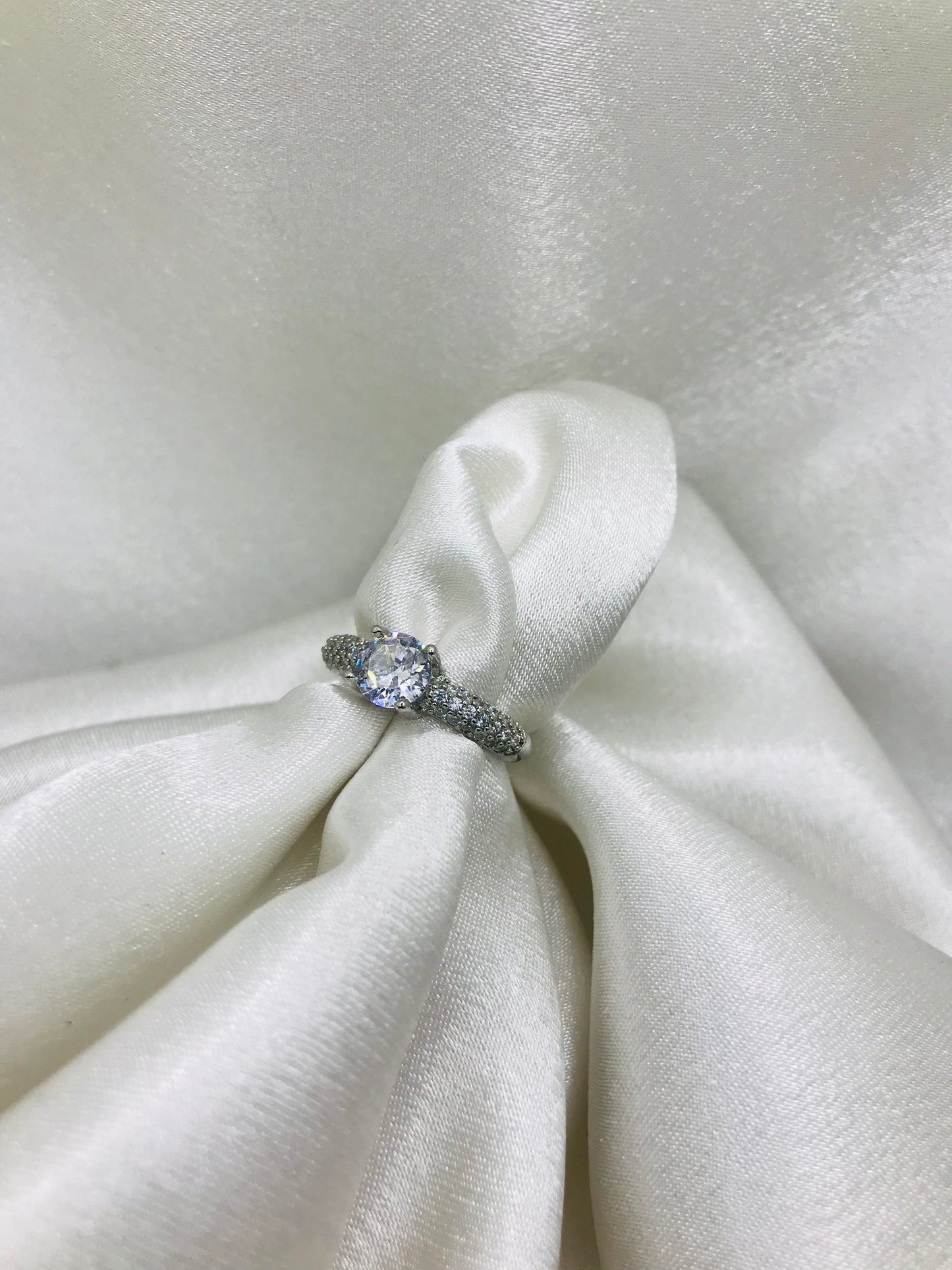 Sterling Silver Solitaire Ring with Pave Band