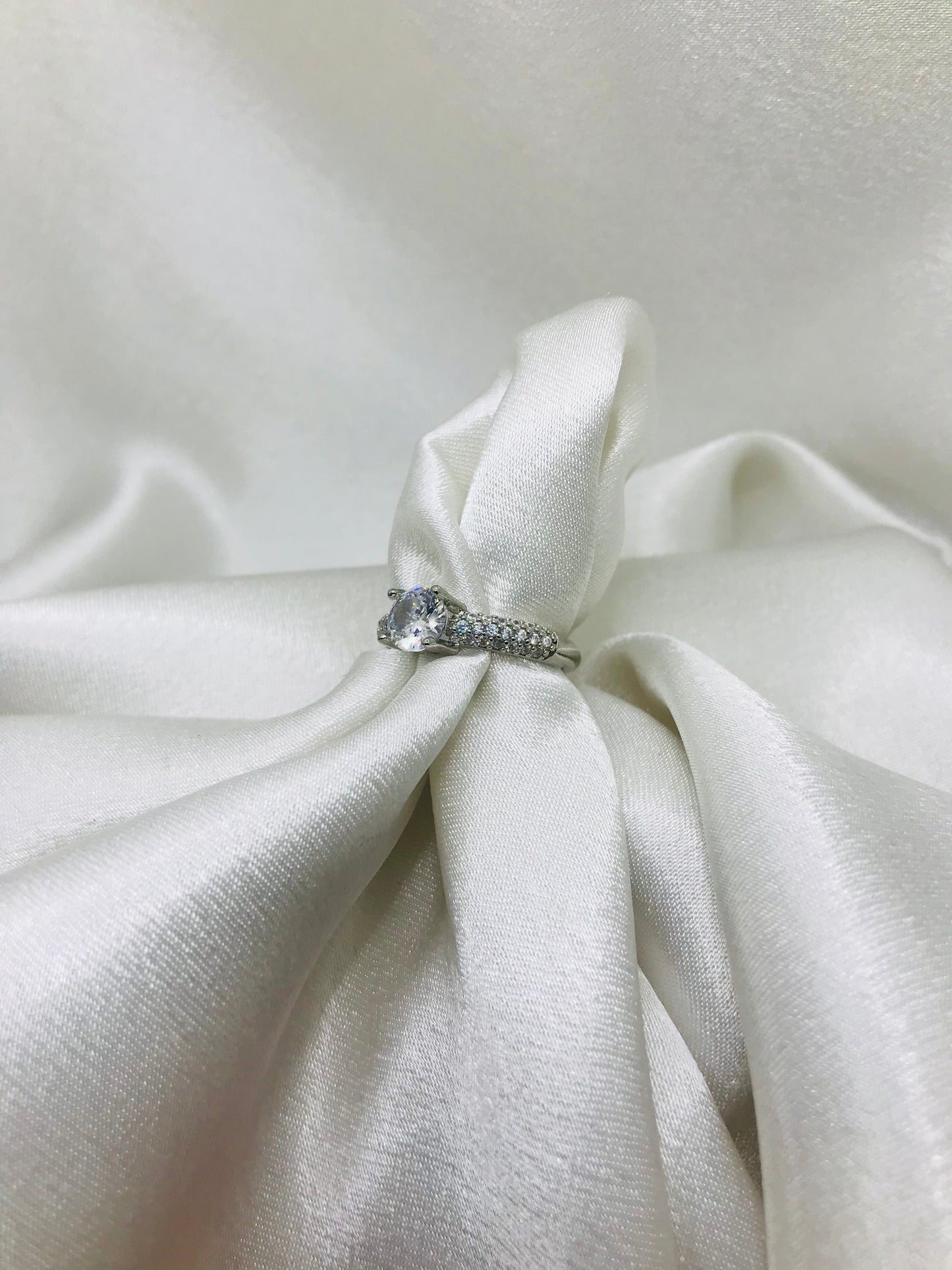 Sterling Silver Solitaire Ring with Pave Band