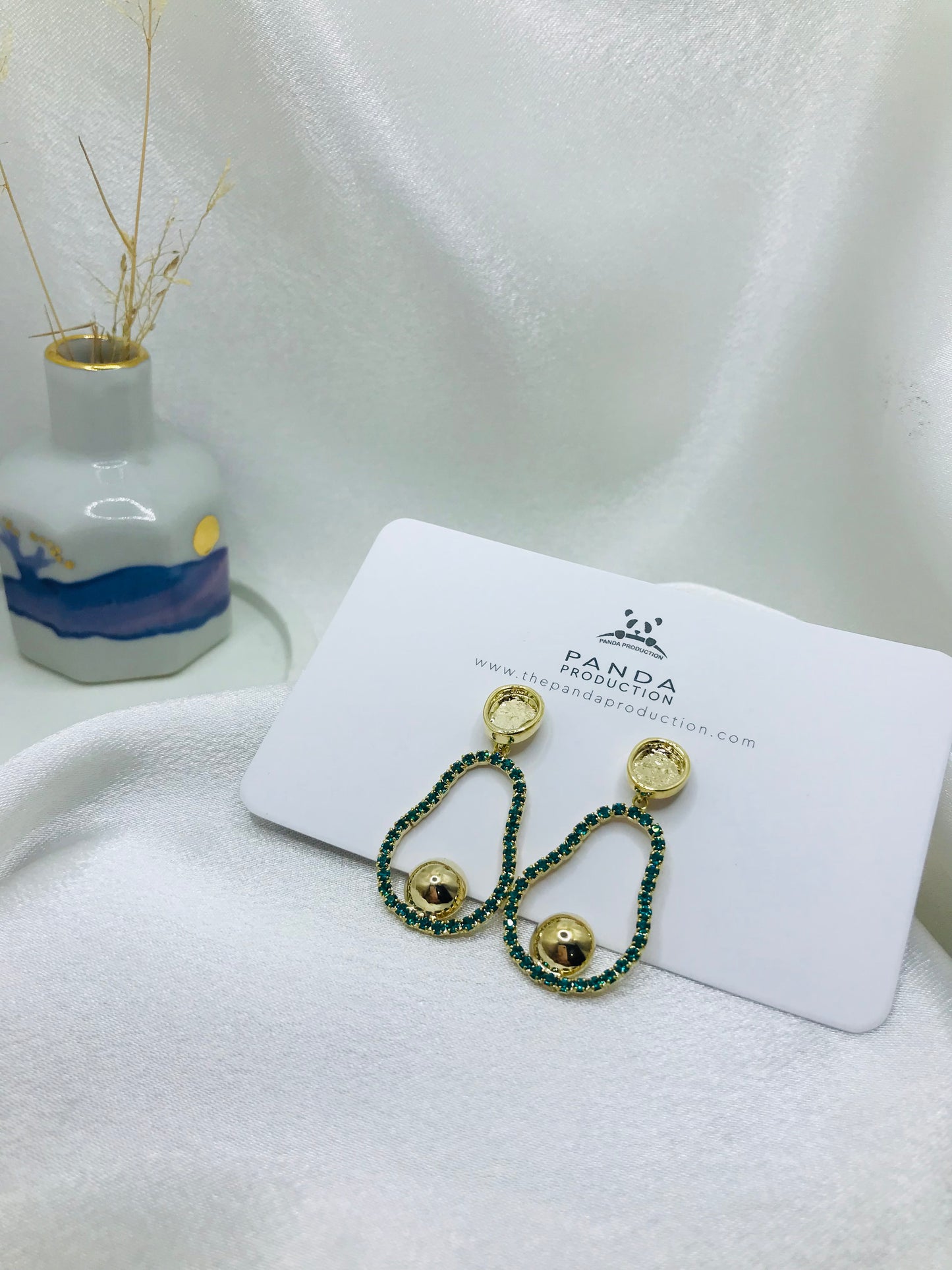 Gold and Green Oval Drop Earrings
