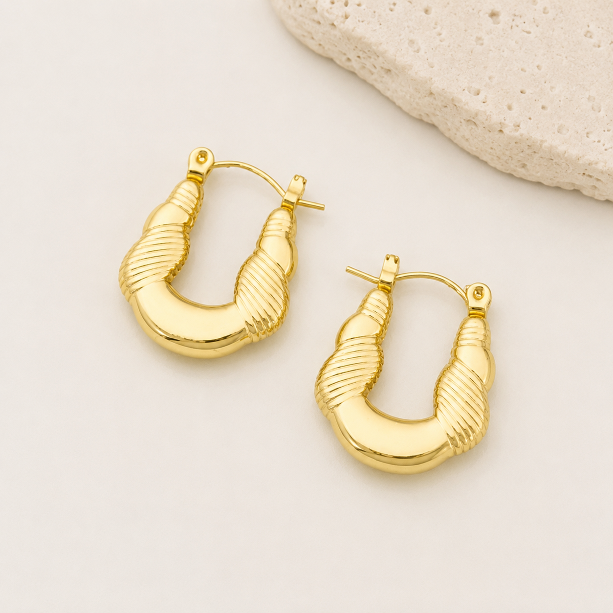 Golden Ribbed Hoop Earrings