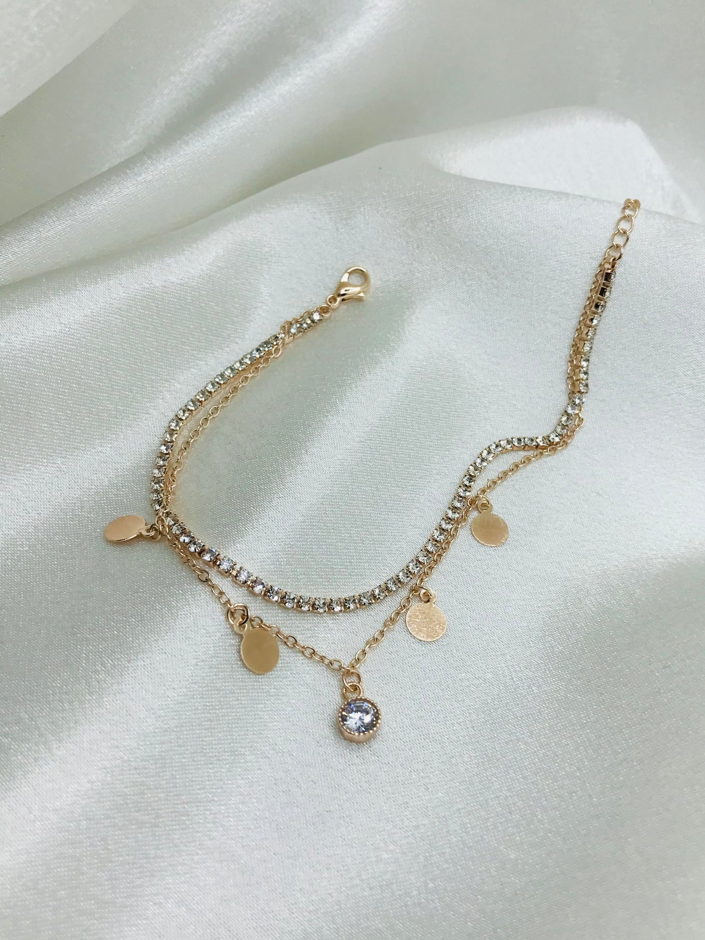 Layered Gold Anklet with Rhinestones