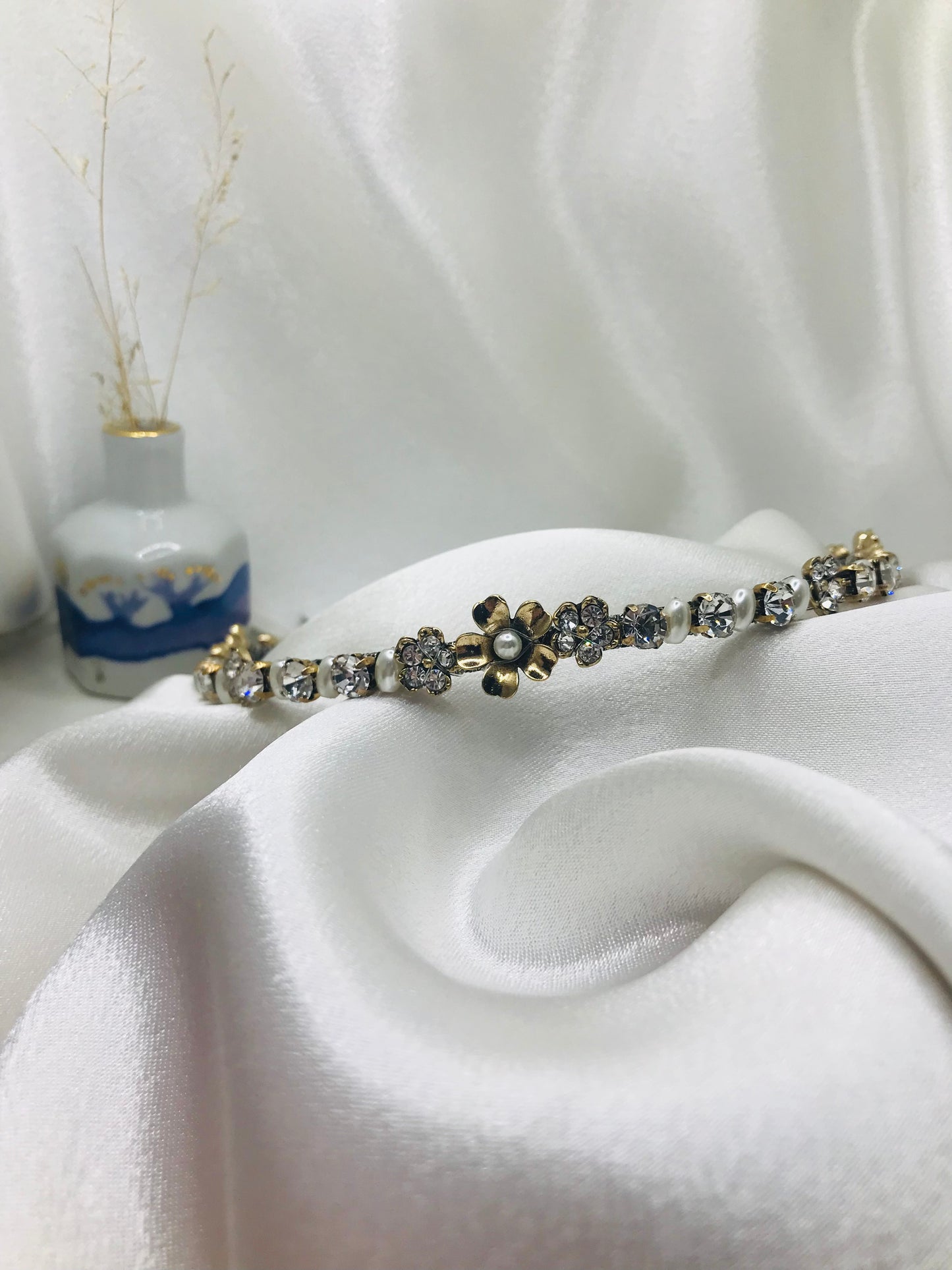 Pearl and Rhinestone Flower Hair Crown