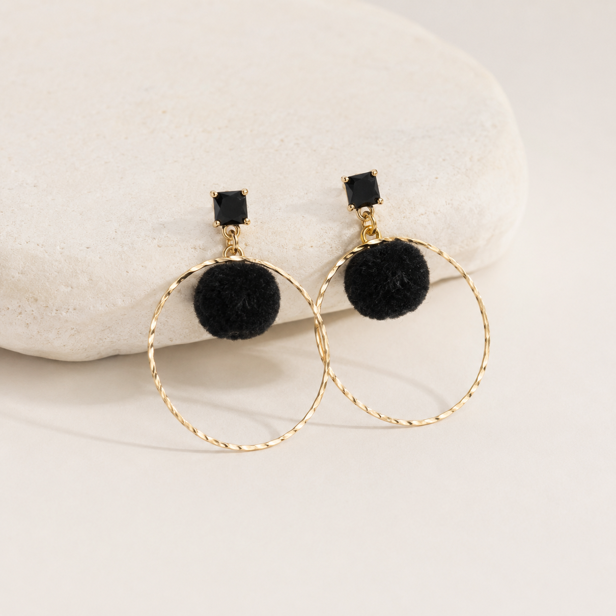 Gold Hoop Earrings with Pom-Poms