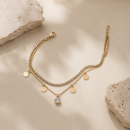 Layered Gold Anklet with Rhinestones