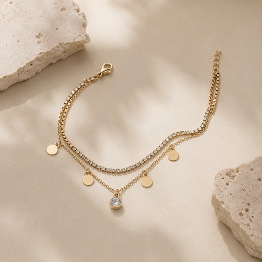 Layered Gold Anklet with Rhinestones