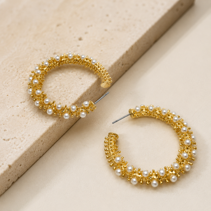 Pearl Embellished Gold Hoops