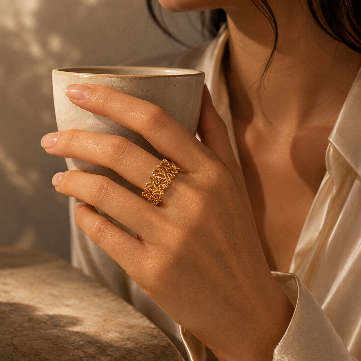 Golden Coral Lace Cuff Ring