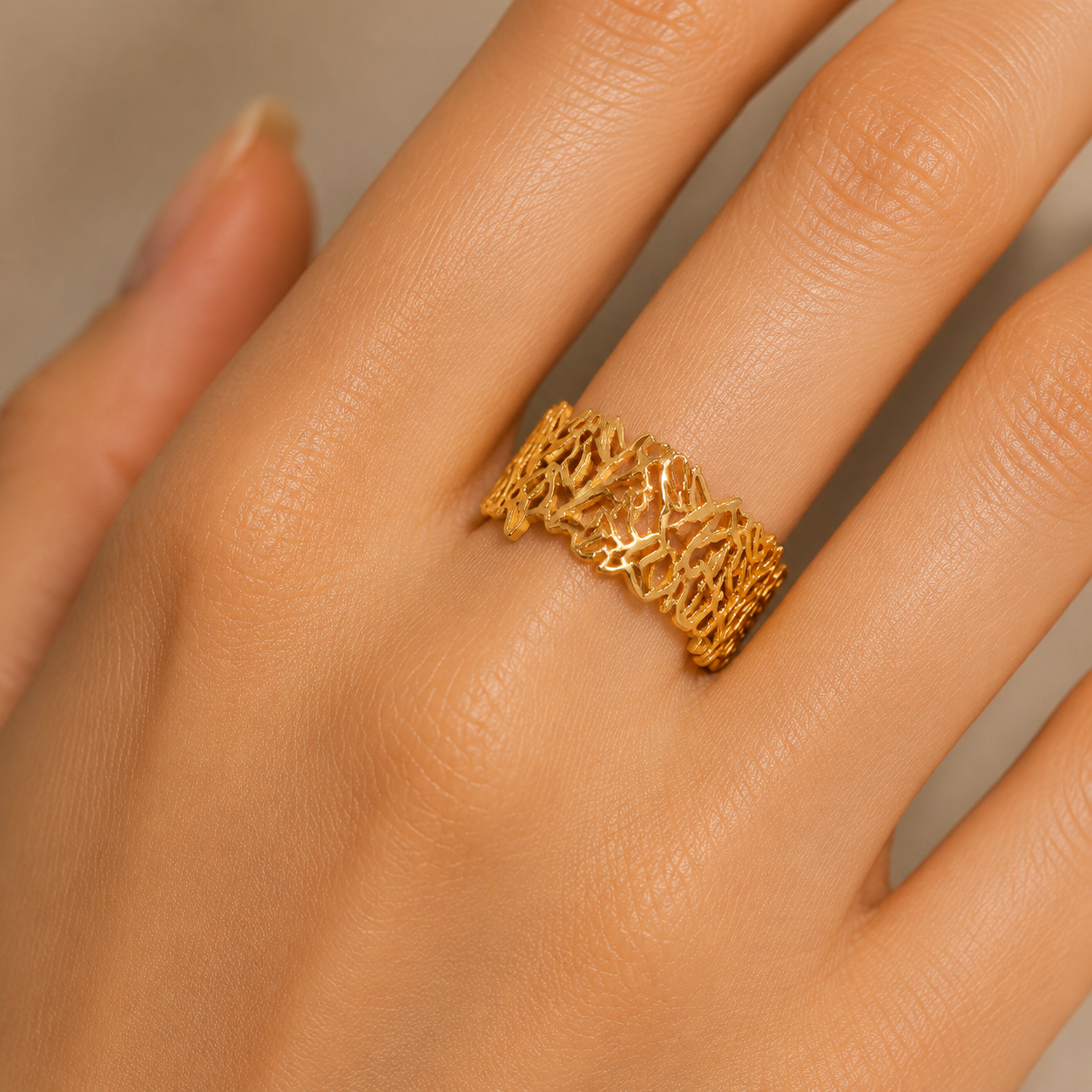 Golden Coral Lace Cuff Ring