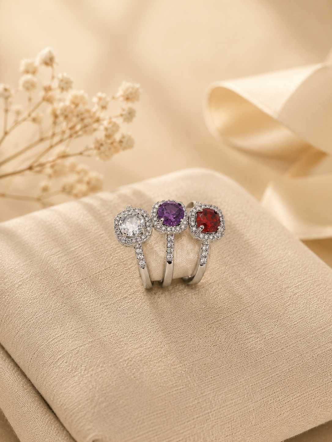 Sterling Silver Halo Gemstone Rings
